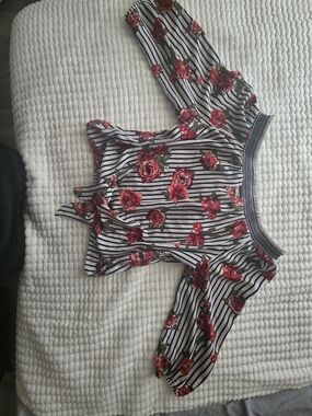 No Boundaries Black & White Striped Blouse with Red Floral Print